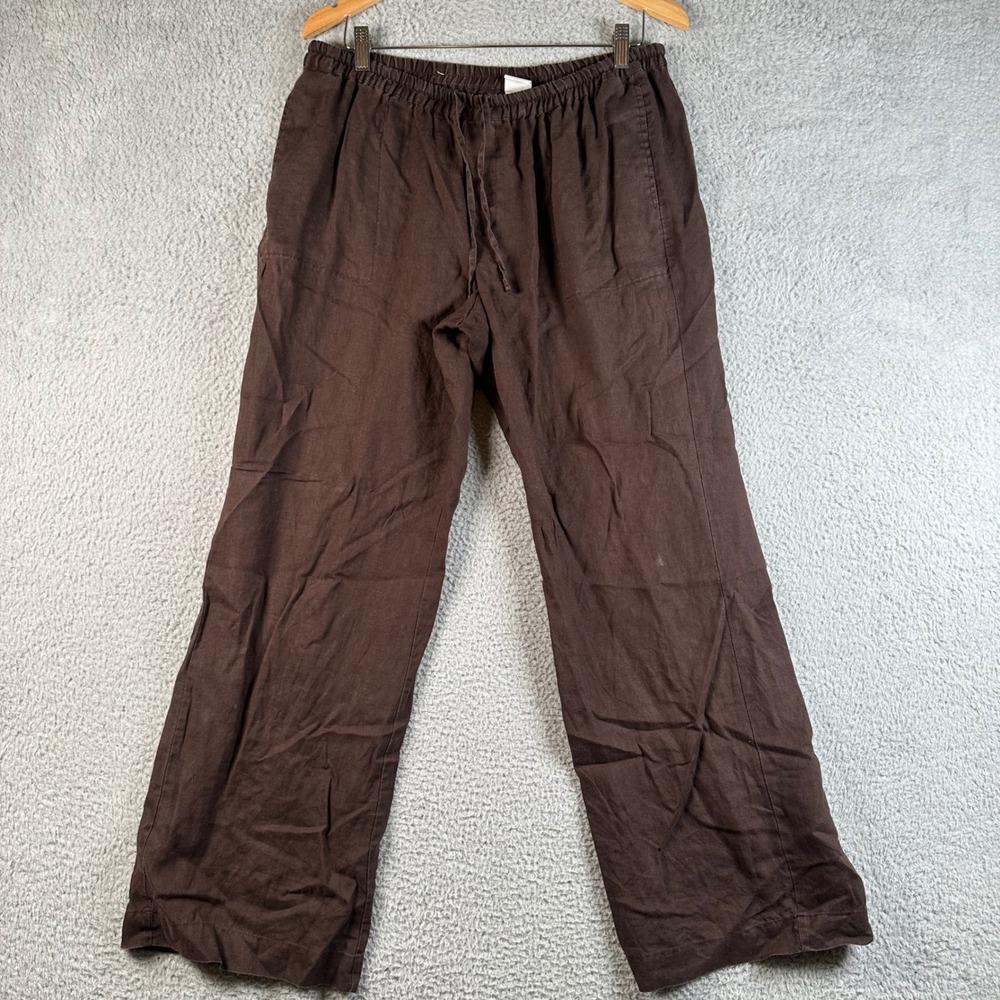 Merona Brown 100% Linen Wide Leg Drawstring Pants Womens L Boho Earthy Travel